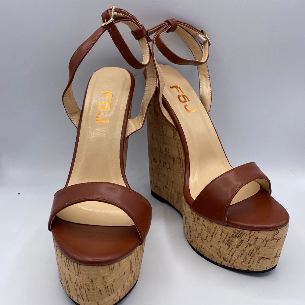 FSJ Tan Wedges Sandals Ankle Strap Slingback Open - Picture 2 of 11